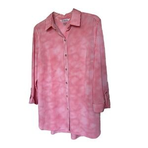 Nygard Size Medium Orange Stripe Gold Button Up Roll Tab Sleeve Blouse Tunic EUC